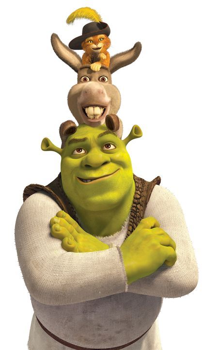 Freunde fürs Leben: Shrek (unten), Esel (M.) und der gestiefelte Kater (oben) - Bildquelle: 2012 DreamWorks Animation LLC. All Rights Reserved.