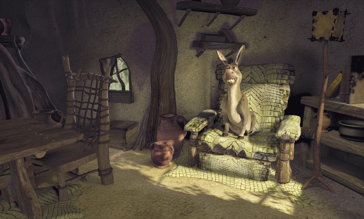 Er ist ja so froh, die Nacht in Shreks gemütlichem Haus verbringen zu dürfen. Ob sich der Esel da mal nicht zu früh freut ... - Bildquelle: TM &   2001 DreamWorks L.L.C.