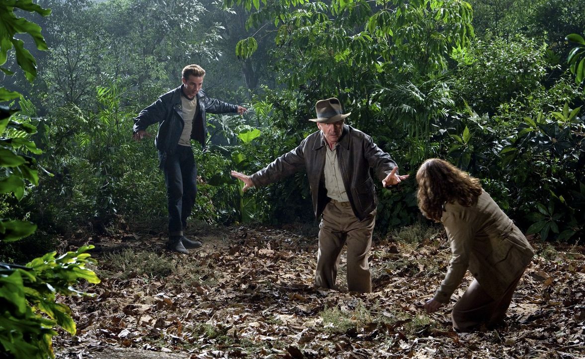 Auf der Suche nach dem Kristallschädel warten einige Überraschungen auf Indiana Jones (Harrison Ford, M.), Mutt (Shia LeBeouf, l.) und seine Mutter... - Bildquelle: David James & TM 2008 Lucasfilm Ltd. All Rights Reserved.
