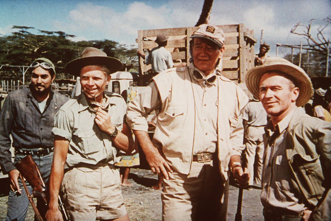 Sean Mercer (John Wayne, M.), Kurt Stahl (Hardy Krüger, 2.v.l.) und Pockets (Red Buttons, r.) sind unschlagbar, wenn es darum geht, Tiere des Dschu... - Bildquelle: Paramount Pictures