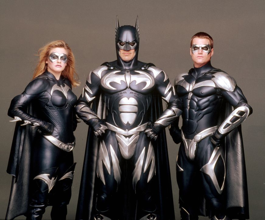 Dieses Mal zu dritt: Batman (George Clooney, Mitte), Batgirl (Alicia SIlverstone, l.) und Robin (Chris O'Donnell) kämpfen gegen das Böse in Gotham C... - Bildquelle: Warner Bros. Pictures