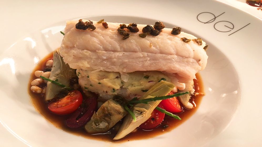 In Kapernbutter gegarter Leng mit Garnelen-Brandade