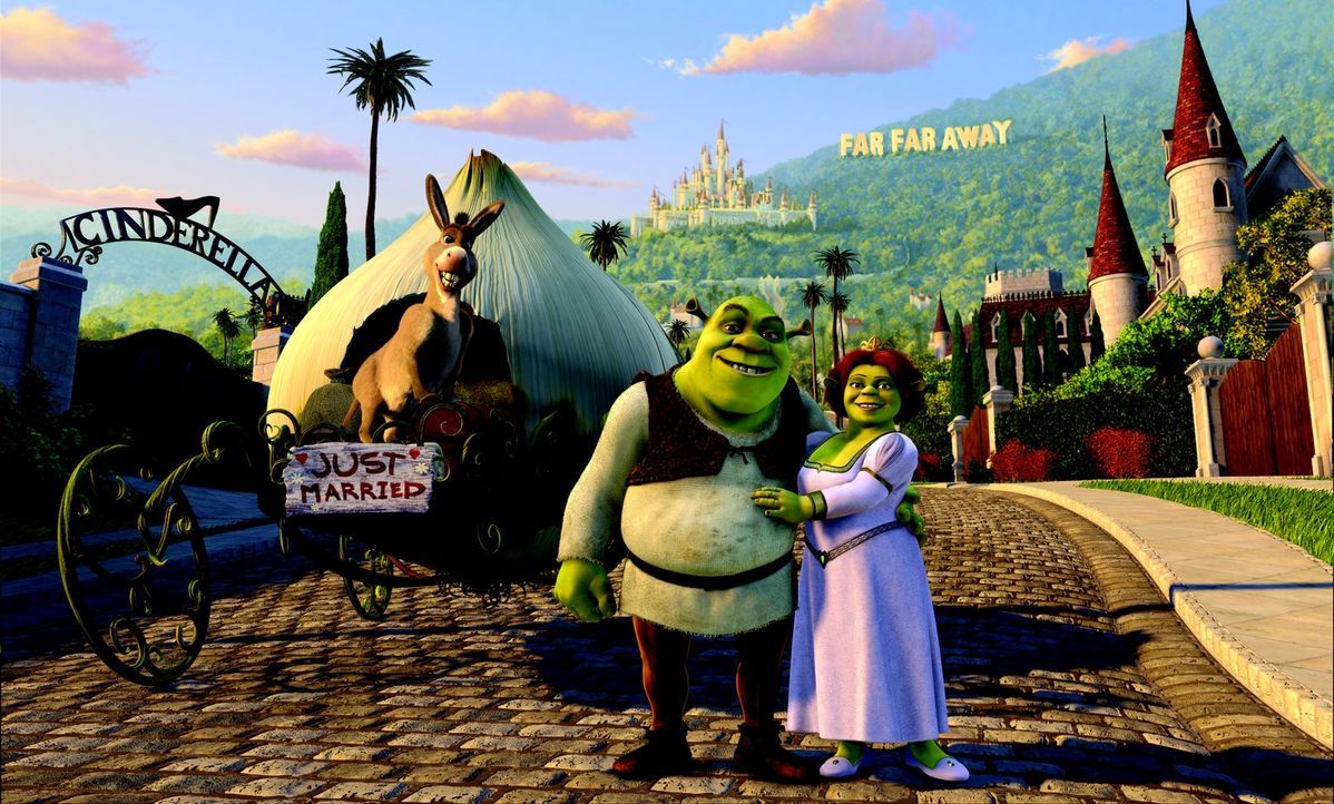 Frisch verheiratet machen sich Shrek, l. und Fiona, r. auf, die königlichen Schwiegereltern im fernen Königreich "Far Far Away" zu besuchen. Keine b... - Bildquelle: DreamWorks SKG