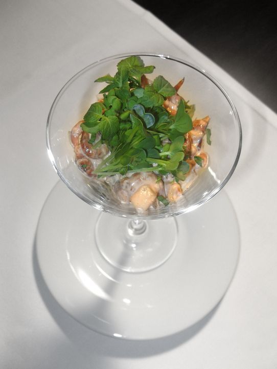 Vorspeise: Krabbencocktail aus frischen Nordseekrabben mit Champion- Pfirsich Dressing und Chizokresse ... - Bildquelle: kabel eins