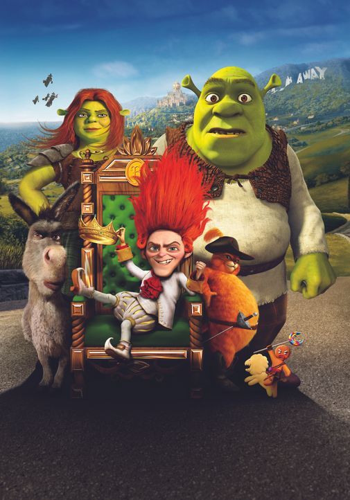 Das Rumpelstilzchen macht Shrek das Leben schwer. Er kann sich zum Glück immer auf seine Freunde Esel (l.), Fiona (2.v.l.), den gestiefelten Kater (... - Bildquelle: 2012 DreamWorks Animation LLC. All Rights Reserved.