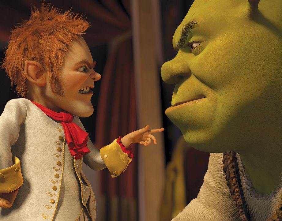 Bald erkennt Shrek (r.), dass es keine gute Idee war, sich auf einen Pakt mit dem hinterlistigen Rumpelstilzchen einzulassen ... - Bildquelle: 2012 DreamWorks Animation LLC. All Rights Reserved.