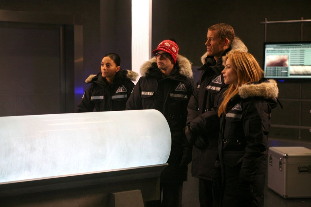 Eiszeit in Eureka: Jo (Erica Cerra, l.), Fargo (Neil Grayston, 2.v.l.), Jack (Colin Ferguson, 2.v.r.) und Tess (Jaime Ray Newman, r.) ... - Bildquelle: Universal Television