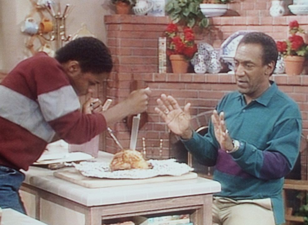 Cliff (Bill Cosby, r.) weiht Theo (Malcolm-Jamal Warner, l.) in die Geheimnisse des Truthahn-Tranchierens ein. - Bildquelle: Viacom