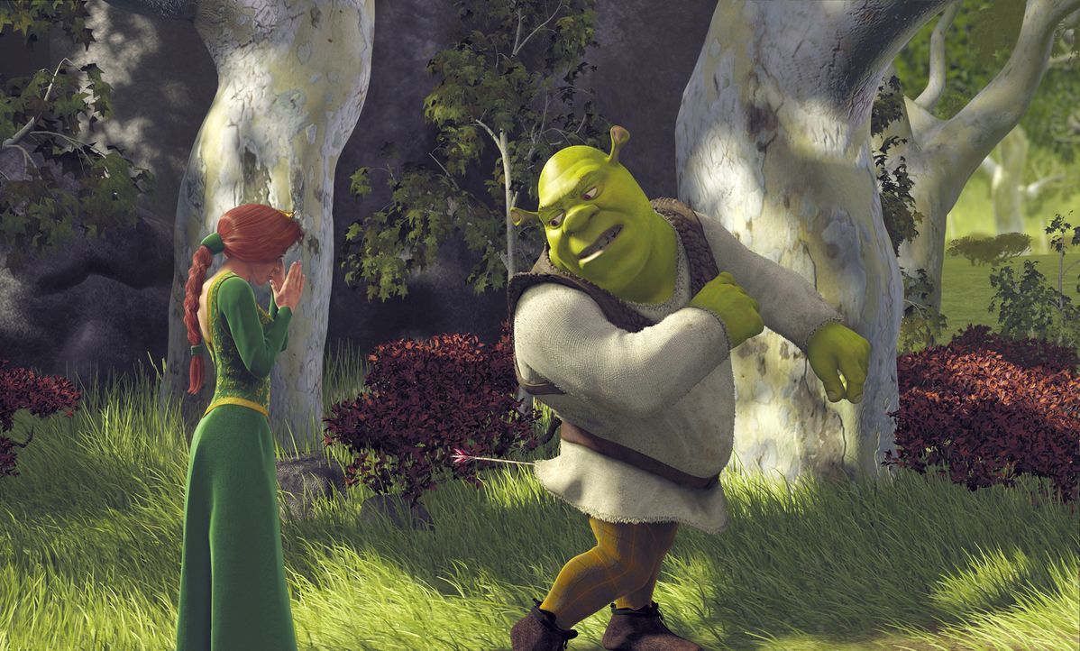Nur knapp wird Prinzessin Fiona (l.) verfehlt. Dafür hat es Shreks (r.) Allerwertesten erwischt. Wie kommt der Pfeil da jetzt wieder raus? - Bildquelle: TM &   2001 DreamWorks L.L.C.