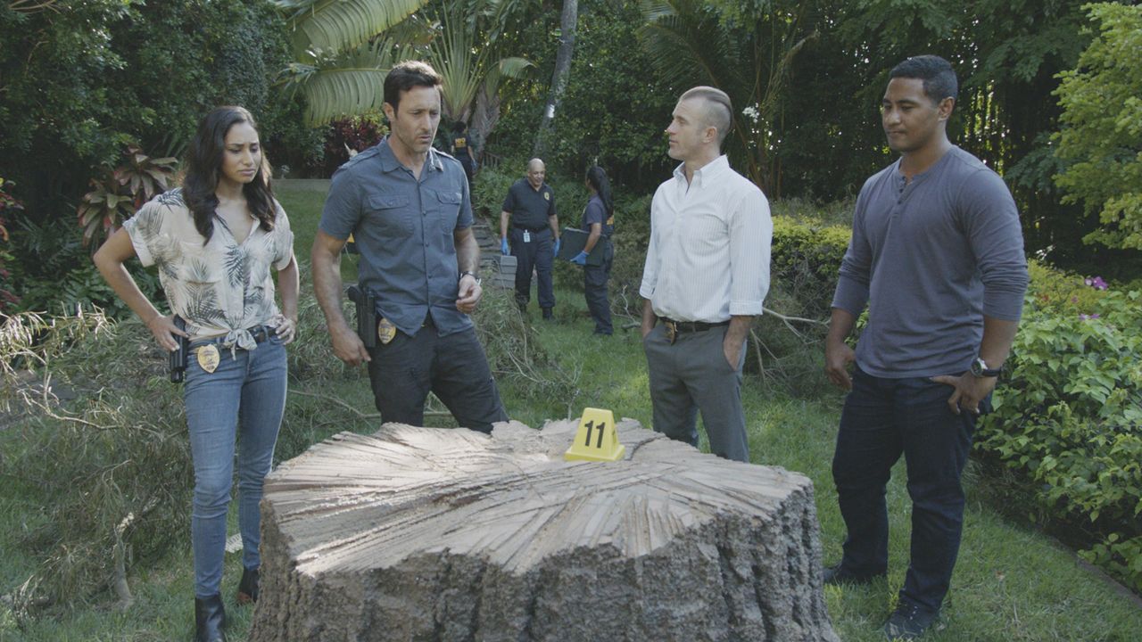 (v.l.n.r.) Tani Rey (Meaghan Rath); Steve McGarrett (Alex O'Loughlin); Danny Williams (Scott Caan); Junior Reigns (Beulah Koale) - Bildquelle: 2019 CBS Broadcasting, Inc. All Rights Reserved.